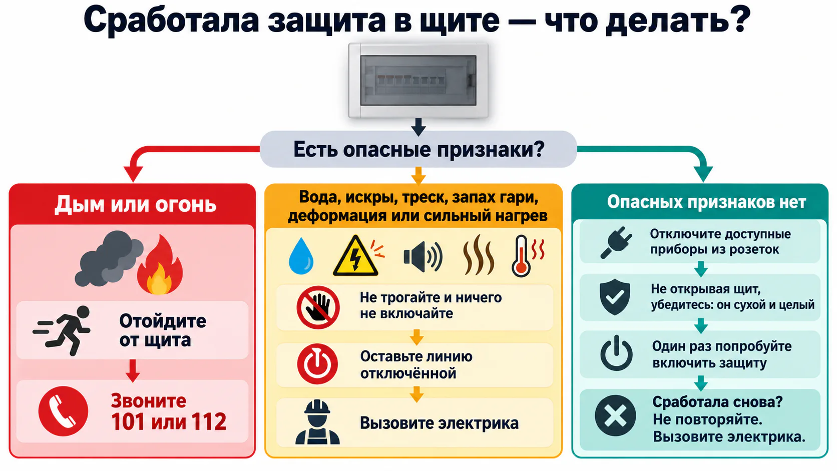 Схема действий при срабатывании защиты: опасные признаки требуют отхода от щита и вызова помощи, а при их отсутствии можно отключить приборы и один раз попробовать включить защиту.