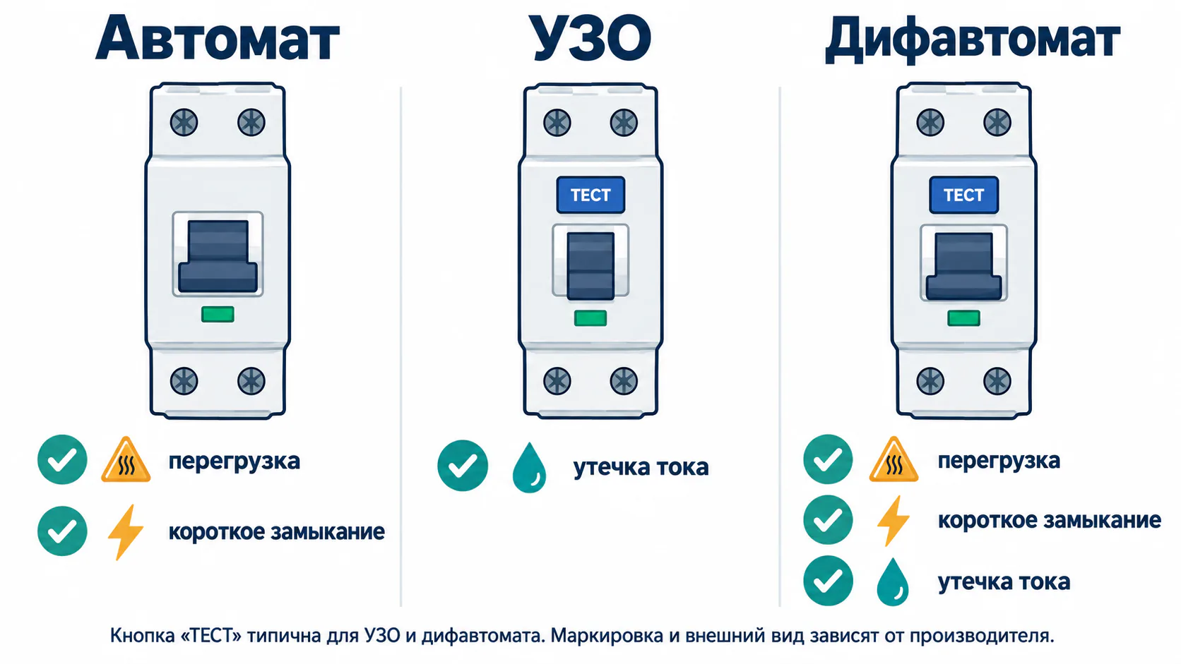 Сравнение функций автомата, УЗО и дифавтомата: защита от сверхтока, утечки тока или обоих видов неисправности.