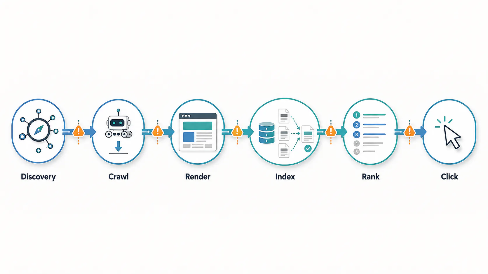 A URL passing through discovery, crawling, rendering, indexing, ranking and click-through gates, with possible failure points between stages.