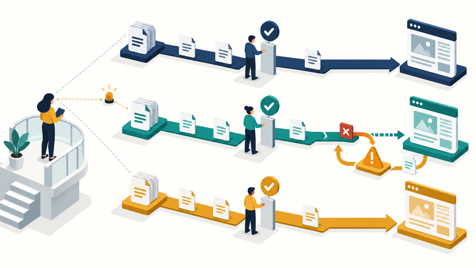 Agency workflow with separate client workstreams passing through approval and publishing controls while an operator monitors exceptions.